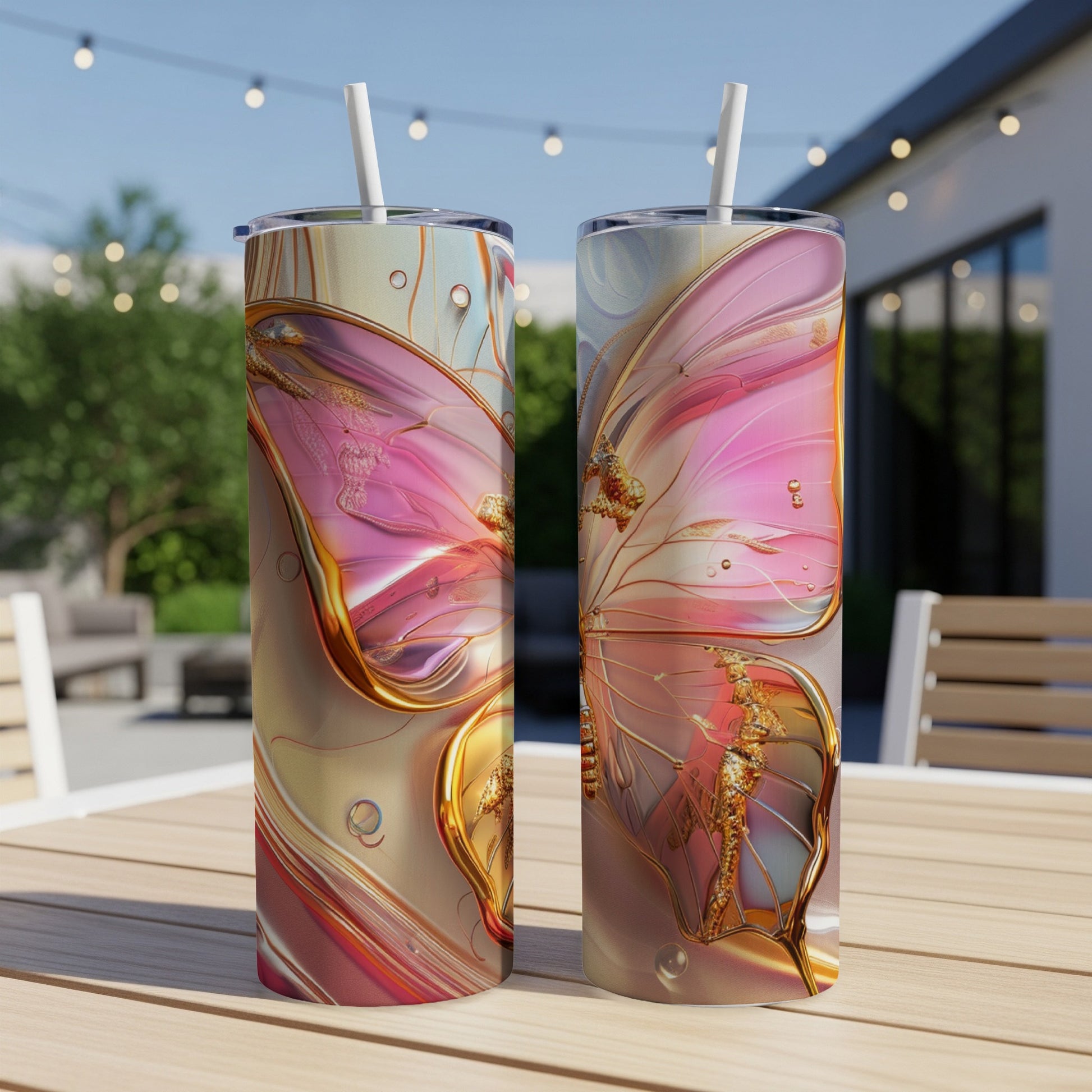 Two tumblers with iridescent butterfly wings and gold accents.