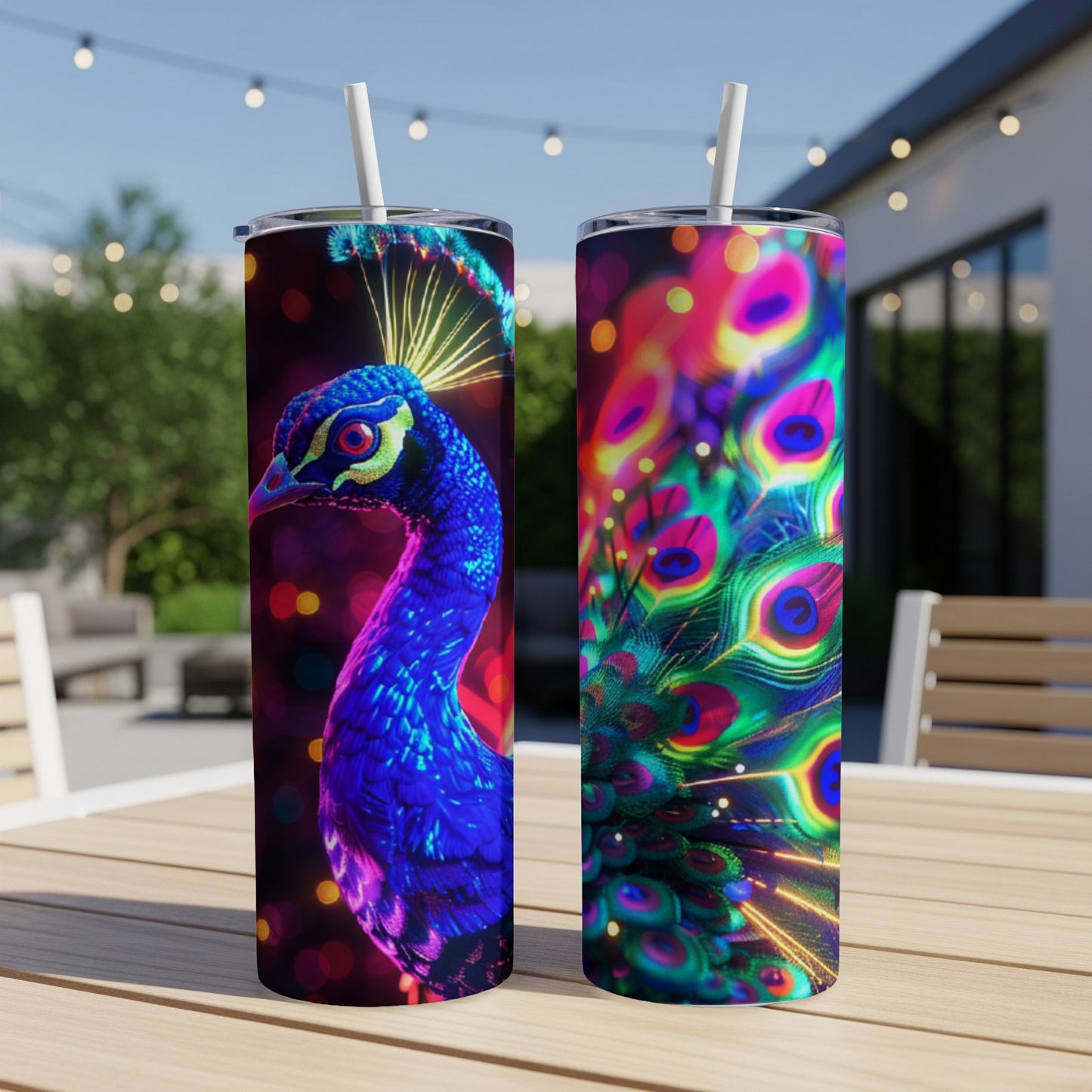Two tumblers decorated with vibrant peacock feathers and glowing lights.