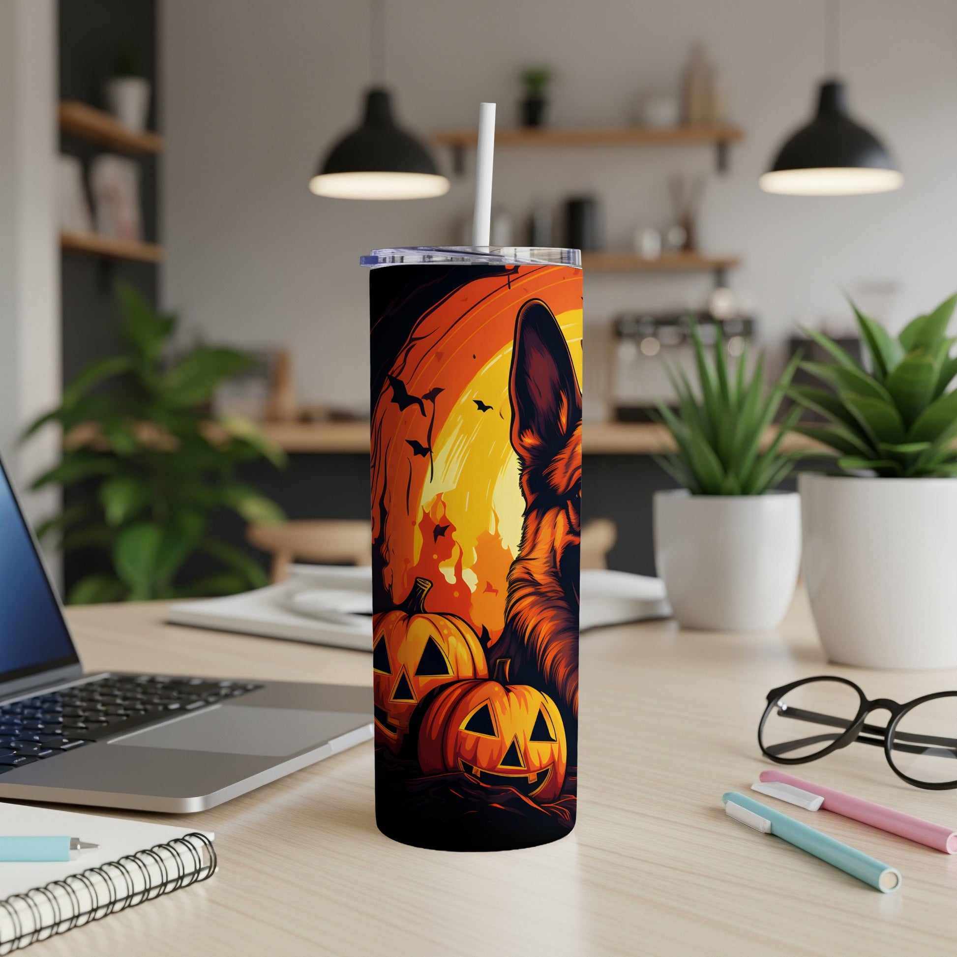 German Shepherd Halloween tumbler with pumpkins and bats against a moonlit sky.