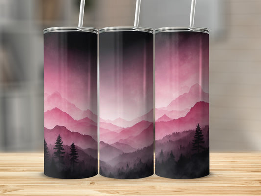 Three tumblers with a gradient of pink mountain silhouettes and pine trees.