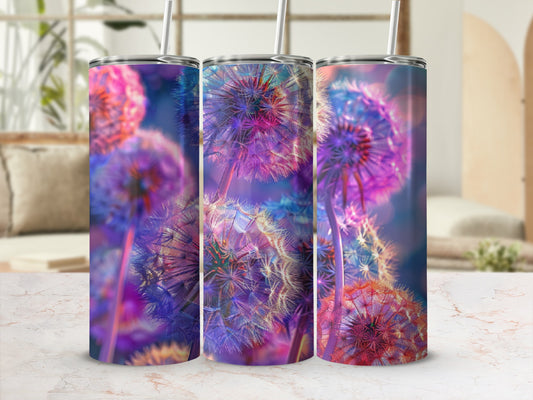 Three tumblers with dandelion seed head designs in vibrant purple and pink.