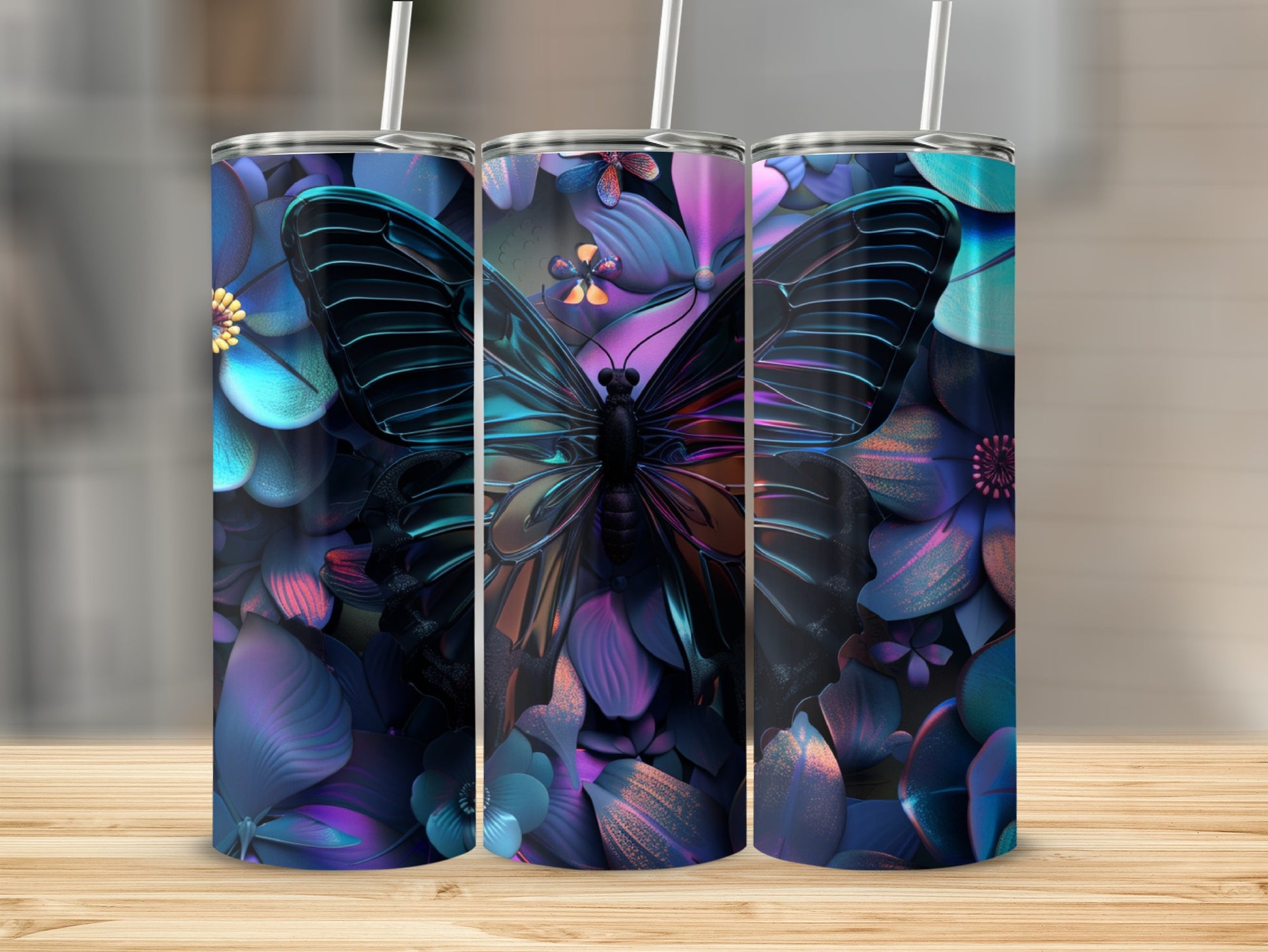 3D rendered tumblers with iridescent butterfly and floral design.