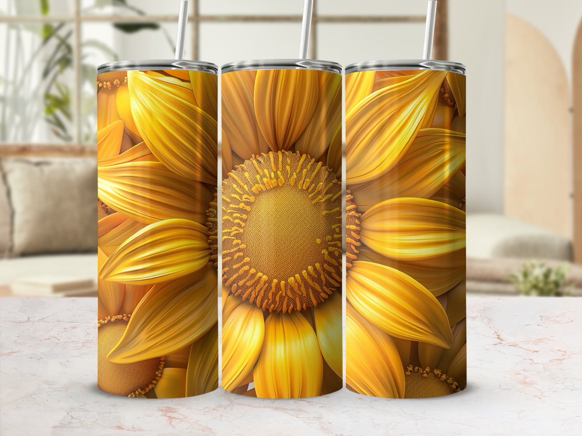 Three tumblers featuring a close-up, vibrant sunflower design on a blurred background.