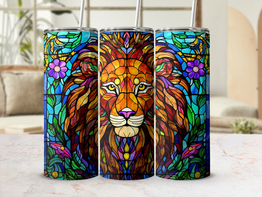 Stained glass lion with floral accents on three tumblers.