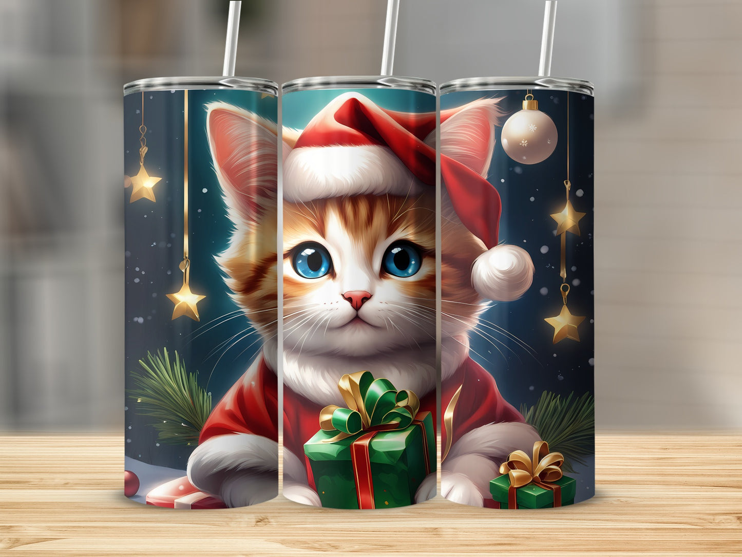 Christmas cat in Santa hat with gifts, pine sprigs, and stars.