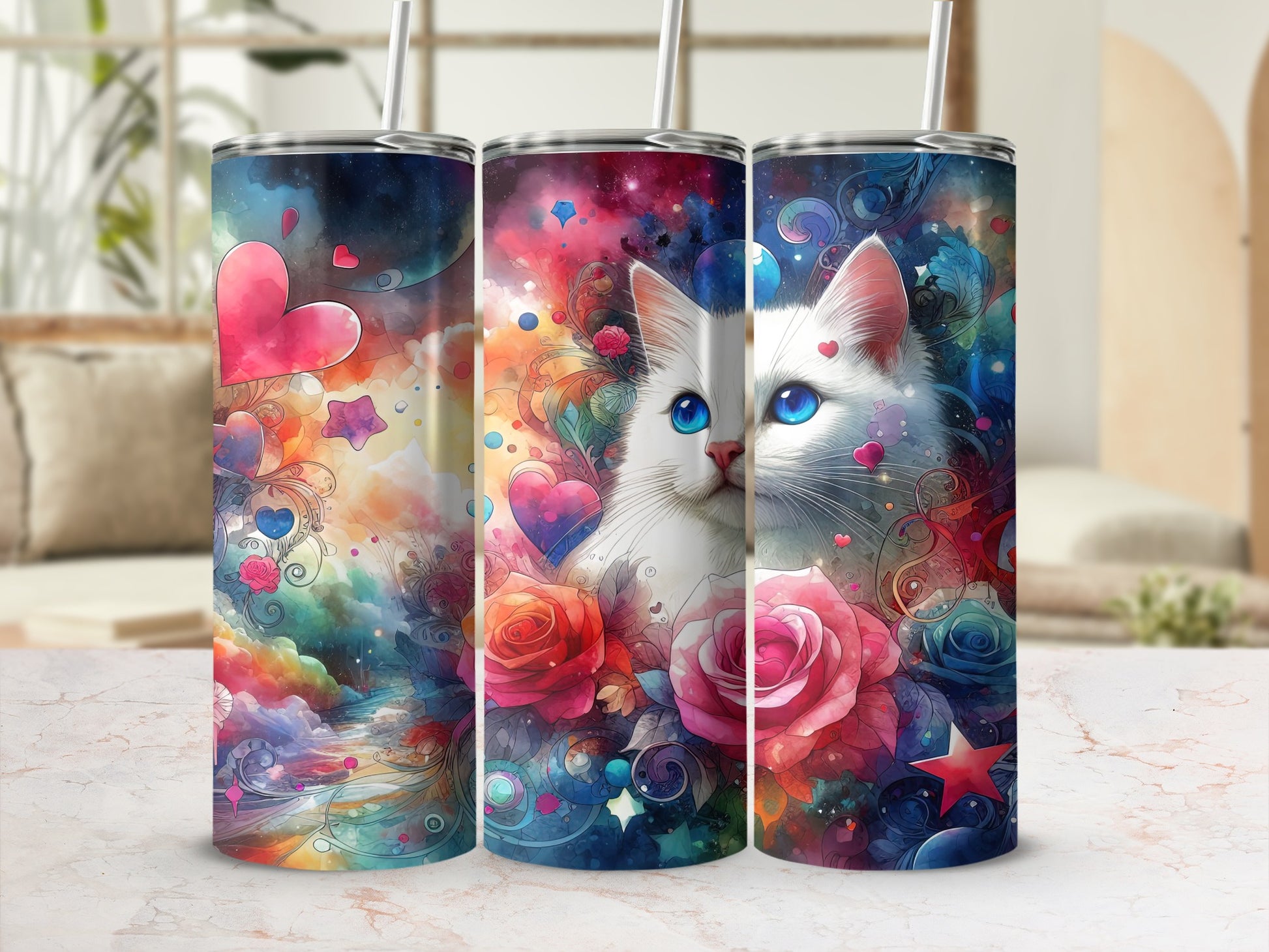White cat with blue eyes surrounded by colorful flowers, hearts, and stars on a tumbler.