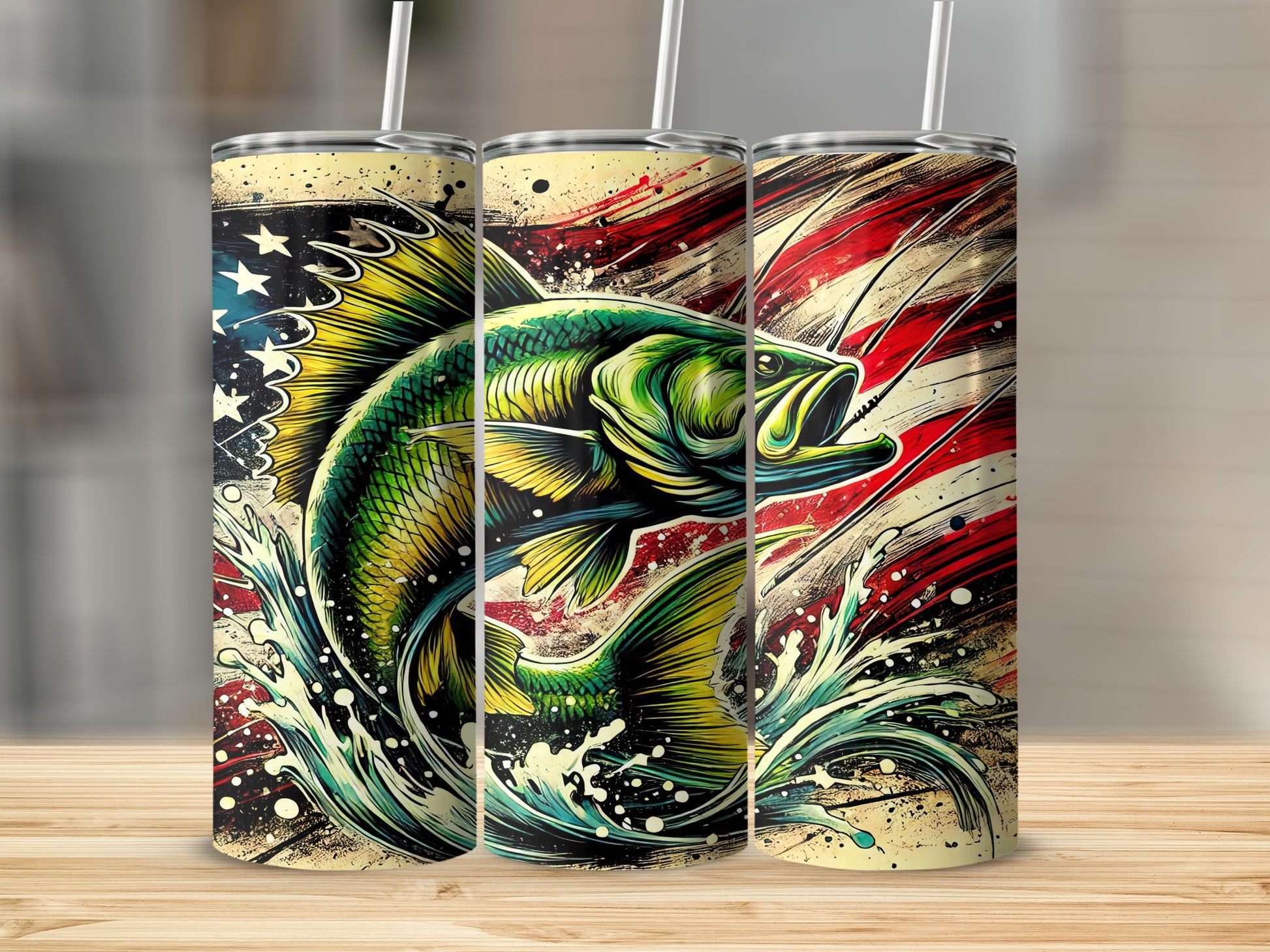 Green bass leaping from water with American flag background on three tumblers.