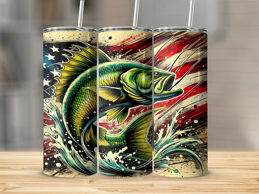 Green bass leaping from water with American flag background on three tumblers.