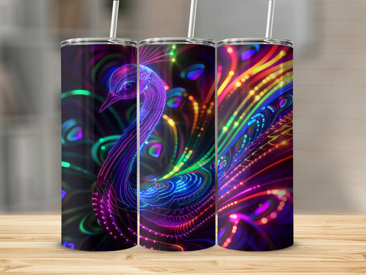 Neon peacock design on three cylindrical tumblers with straws.