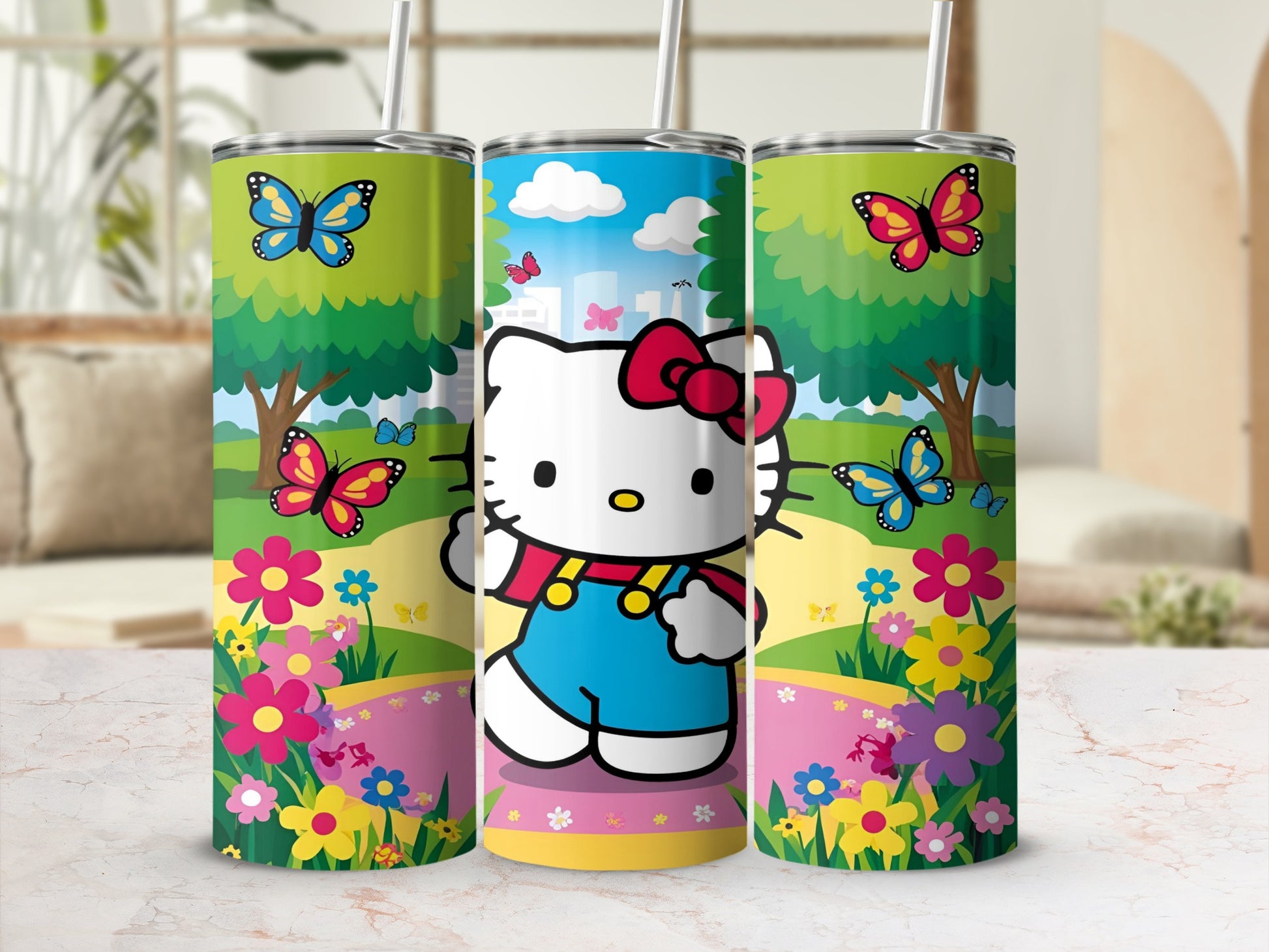 Hello Kitty in a blue jumpsuit with butterflies and flowers on a colorful background.