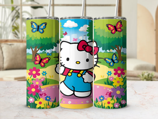 Hello Kitty in a blue jumpsuit with butterflies and flowers on a colorful background.