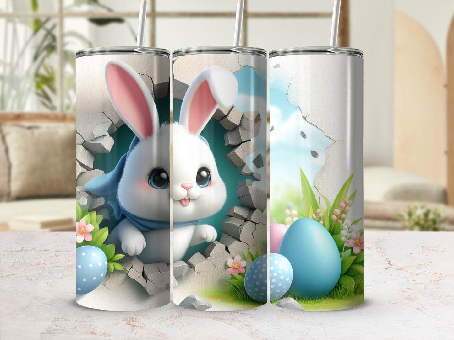 Three Easter-themed tumblers with a bunny and blue eggs breaking through a wall.