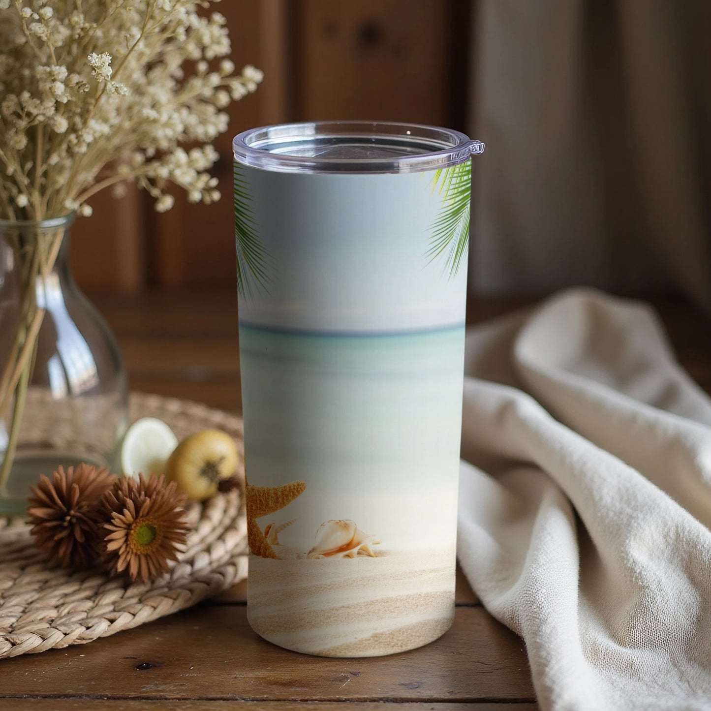 Tropical Beach Scene Tumbler with Seashell Decor