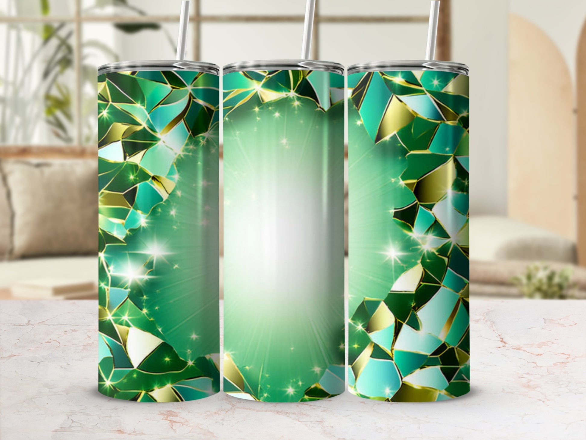 Green stained glass design on a skinny tumbler with sparkling light.