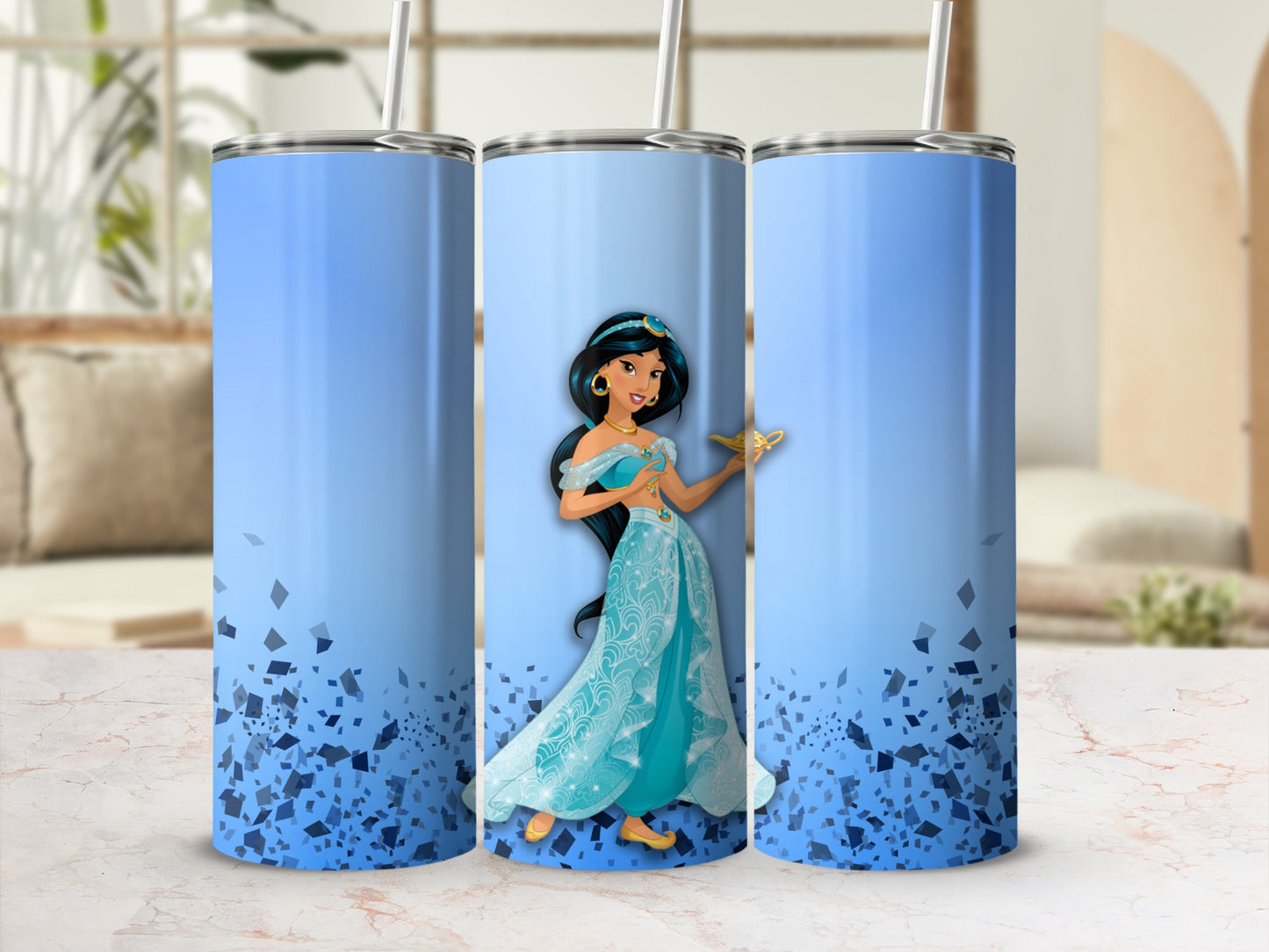Princess Jasmine Inspired Blue Tumbler Cup With Straw