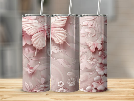 Pink tumbler with butterflies and floral embossed design.