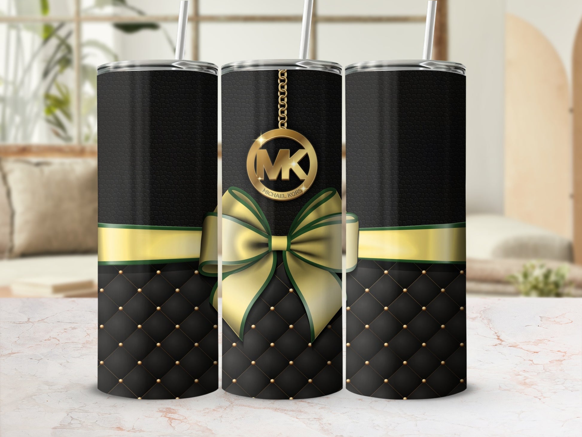 Elegant Black and Gold Tumbler with Gold Bow Design