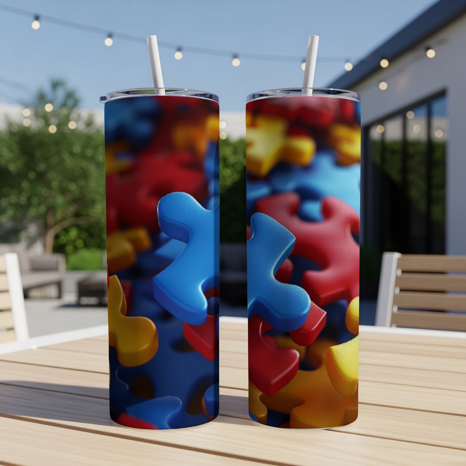 Two tumblers with colorful puzzle pieces design on a wooden table.