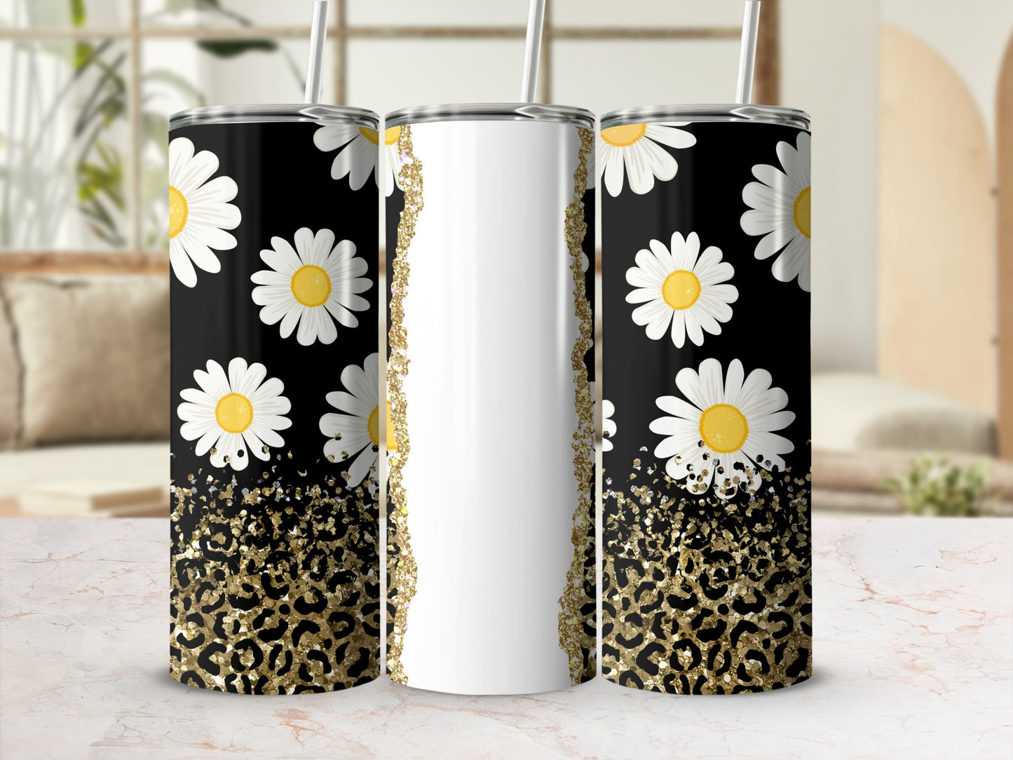 Black tumbler with white daisies, gold glitter, and leopard print.