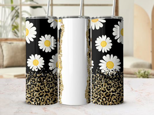 Black tumbler with white daisies, gold glitter, and leopard print.