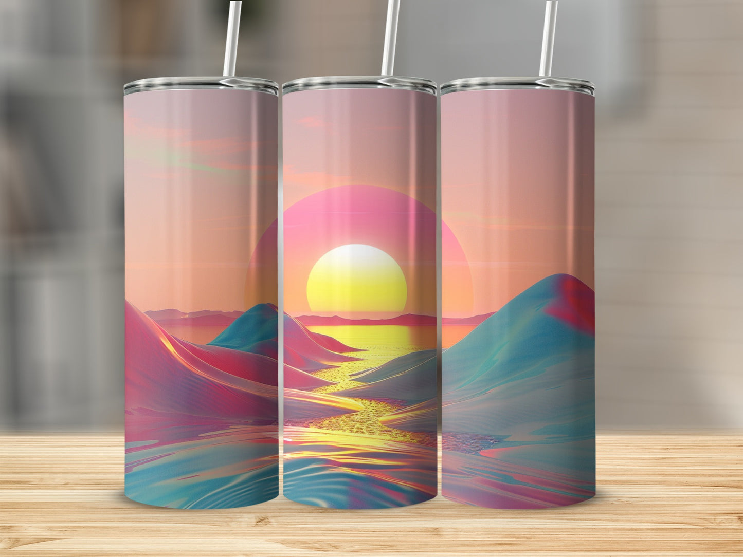 Three tumblers displaying a sunset over colorful, abstract mountains and water.