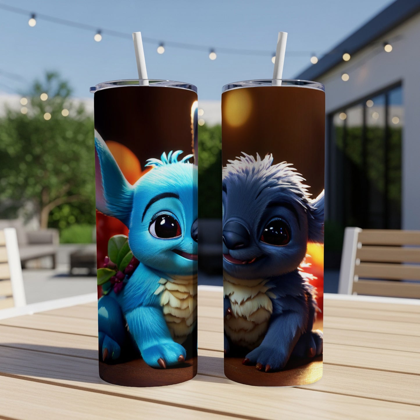Two Disney Stitch tumblers sitting on a wooden table outdoors.
