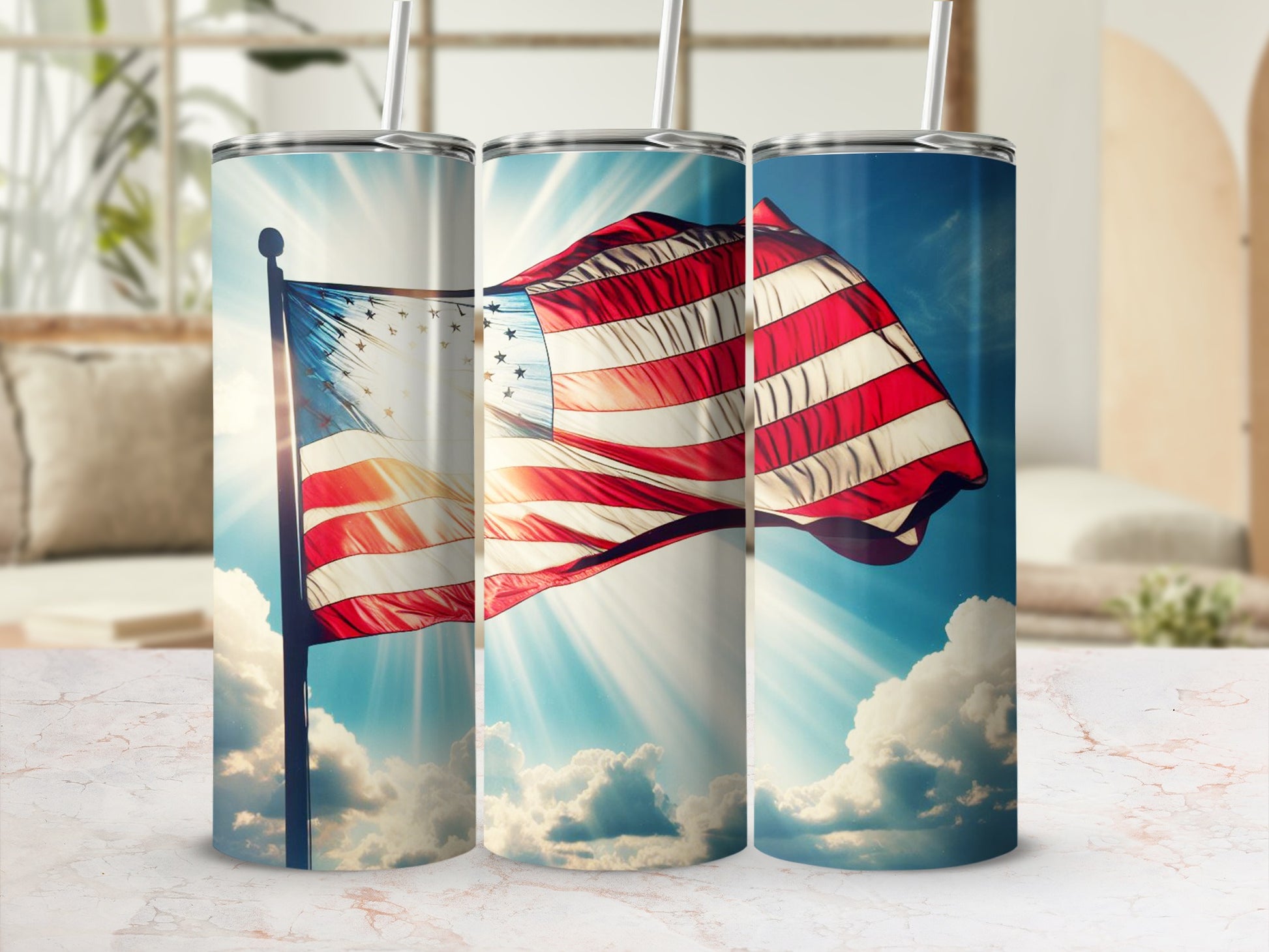 American flag unfurling in sunlight against a cloudy sky, shown on three tumblers.