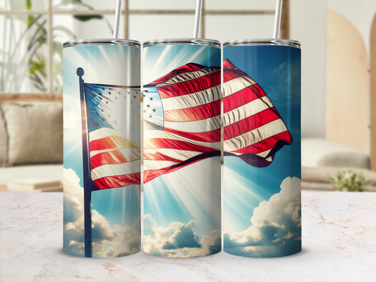 American flag unfurling in sunlight against a cloudy sky, shown on three tumblers.