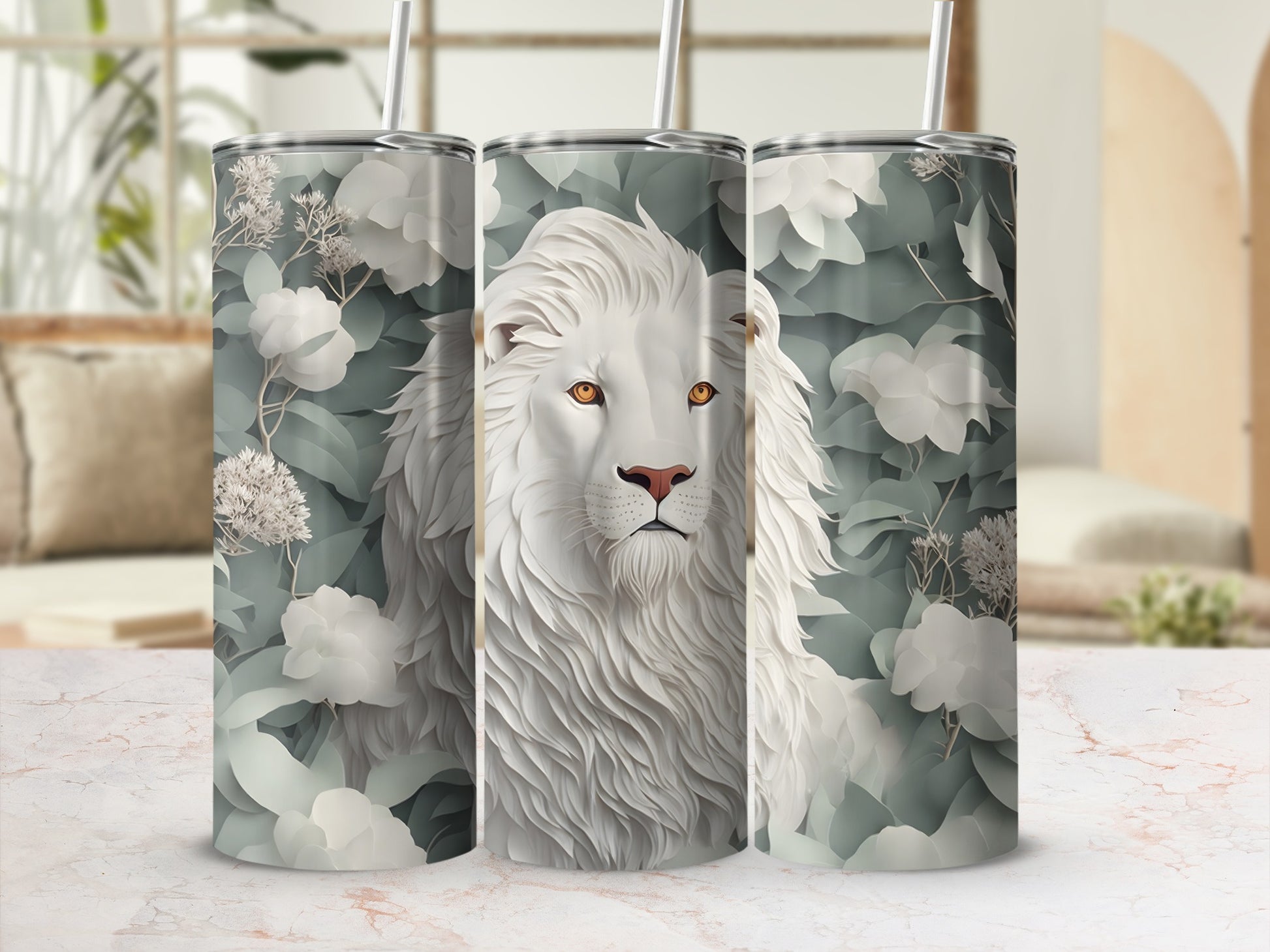 Three tumblers featuring a white lion head against a floral background.