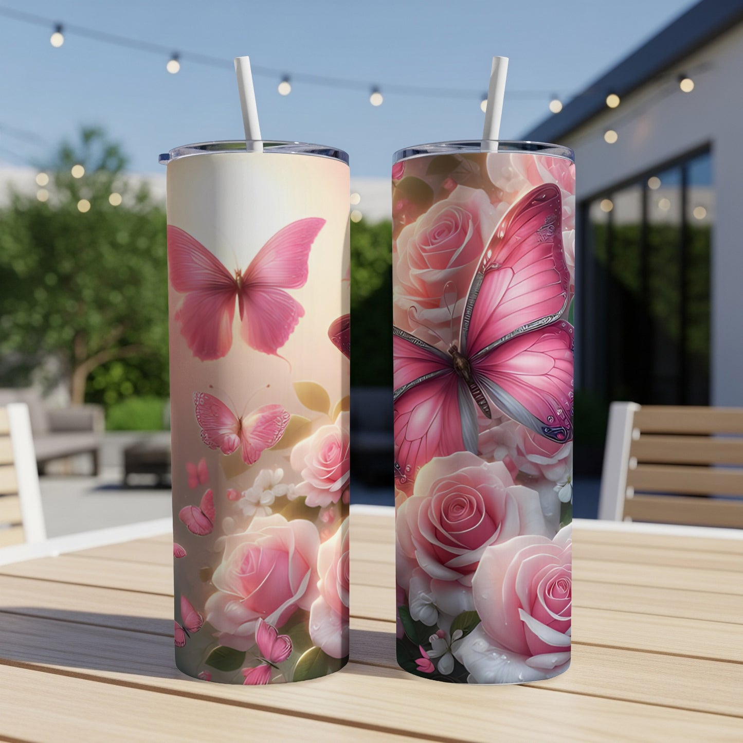 Pink butterflies and roses adorn two tumblers on a wooden table.