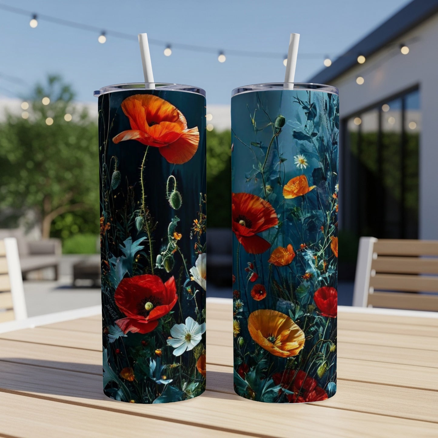Two tumblers with vibrant red and orange poppies and white flowers on dark backgrounds.