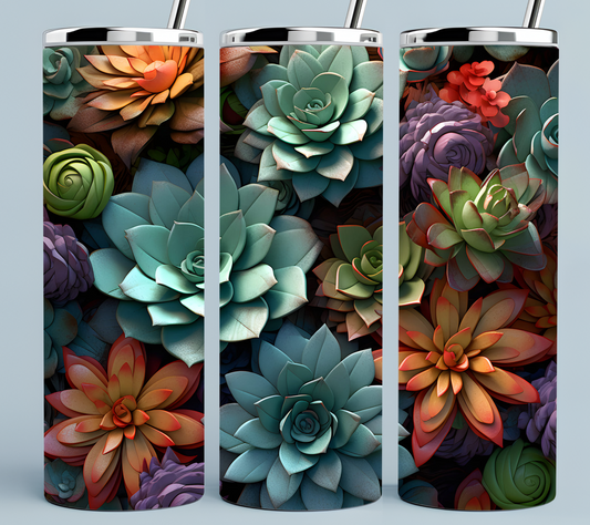 3D Succulent Flowers Teal, Purple, and Peach tumbler