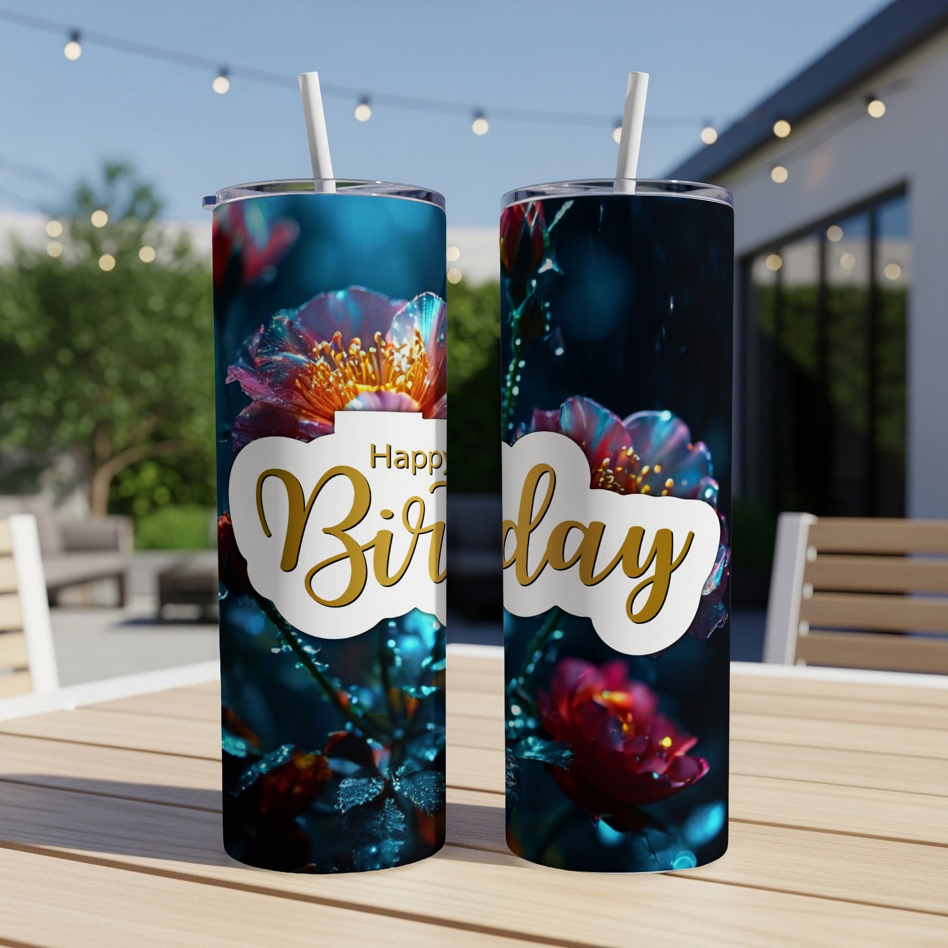 Two tumblers with "Happy Birthday" text and floral designs.
