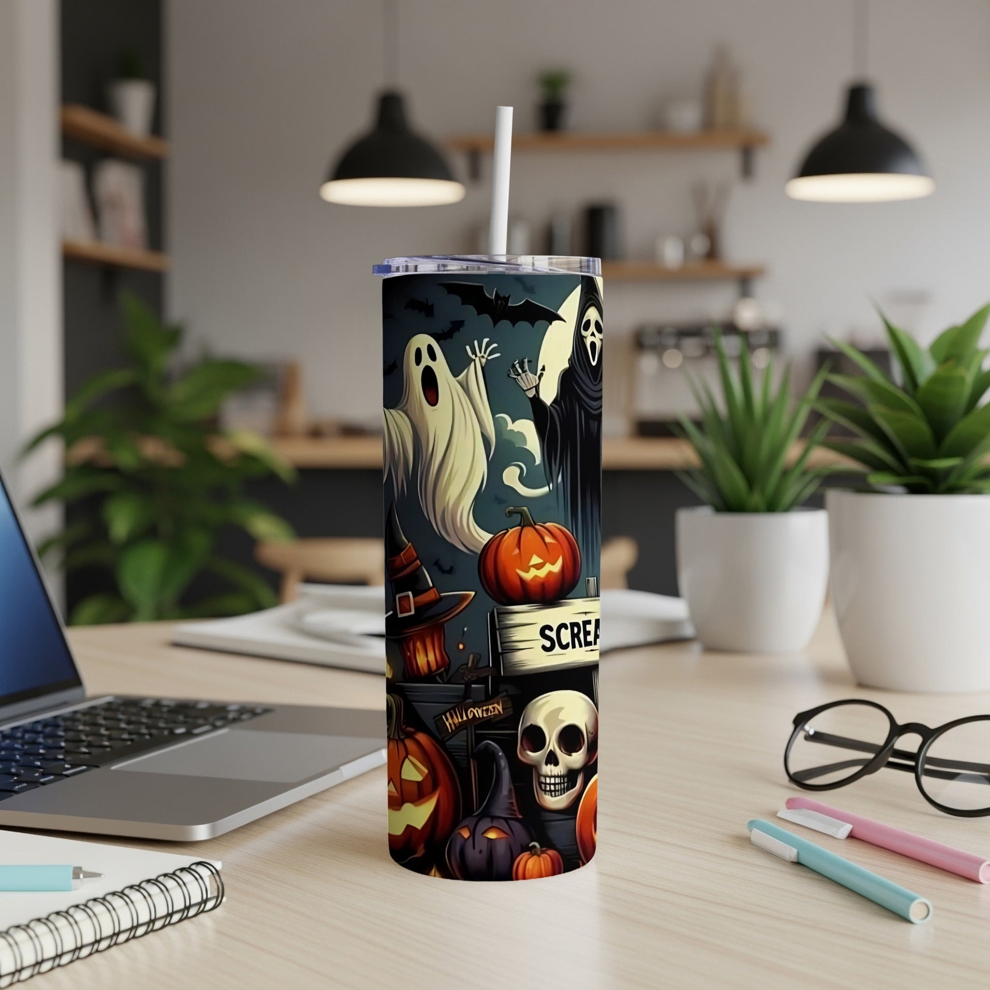 Halloween tumbler with ghosts, pumpkin, skull, and "Scream" text.