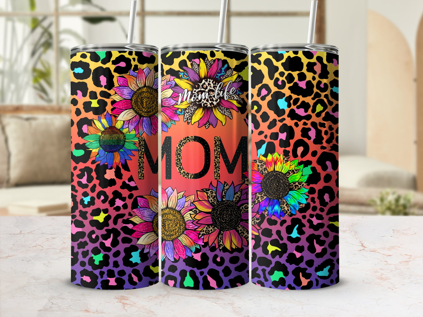 Colorful Leopard Print Mom Tumbler with Sunflowers Design