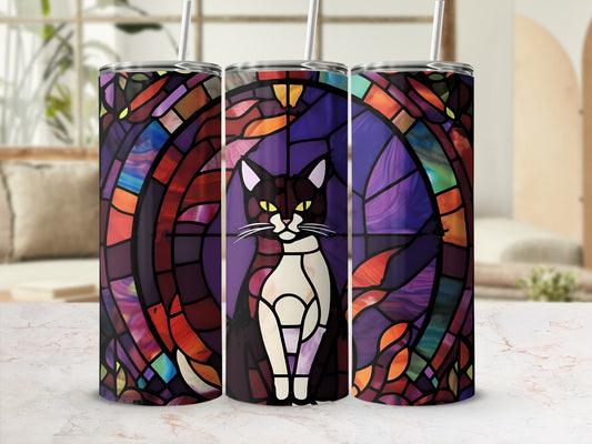 Cat against stained glass background on a tumbler.