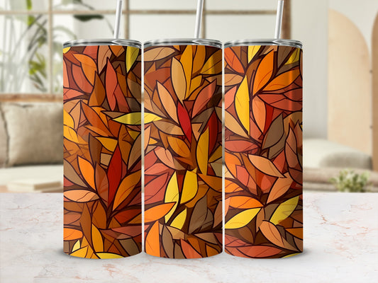 Three tumblers with a fall leaf pattern in warm autumn colors.