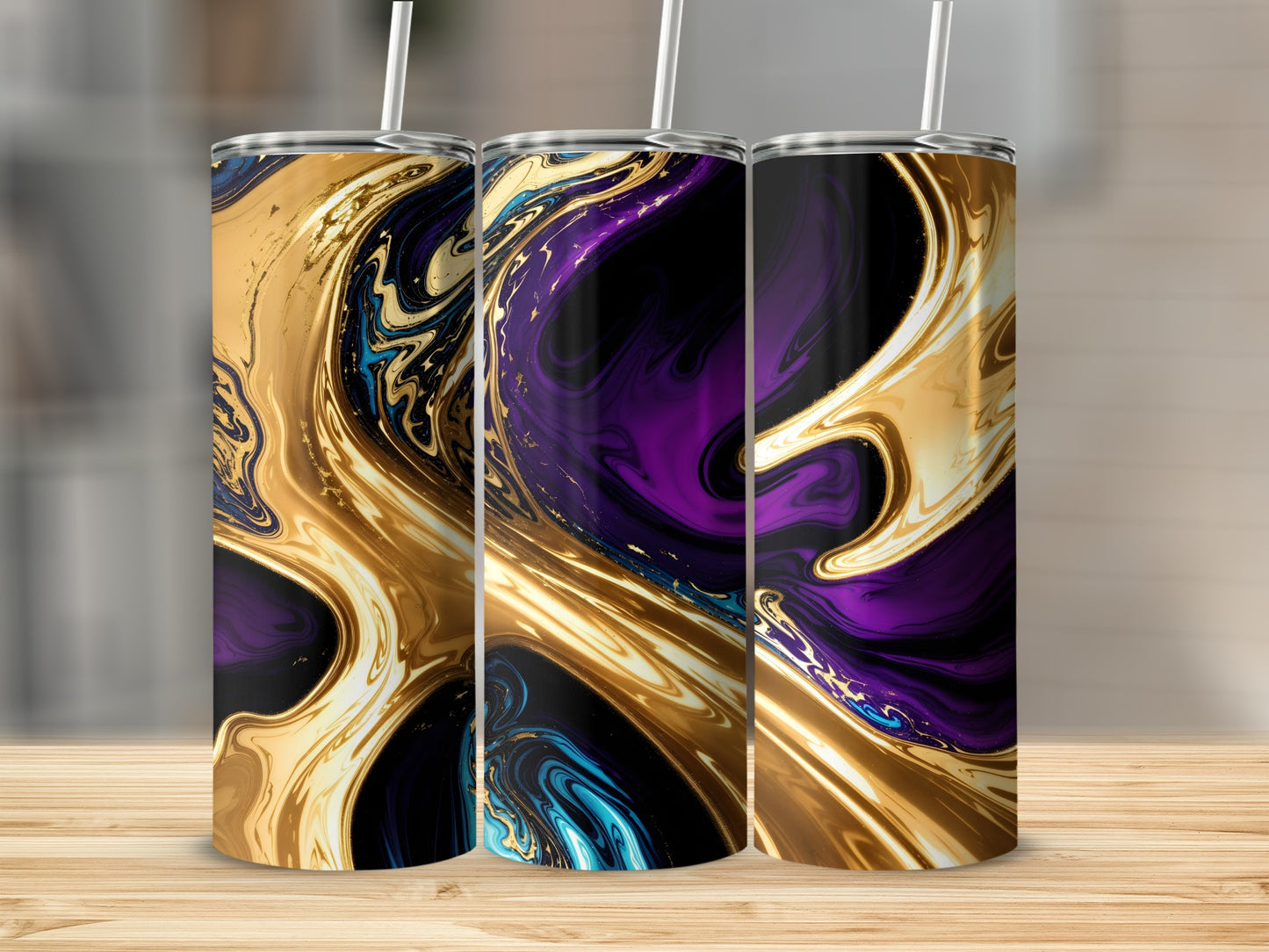 Three tumblers with purple, gold, and blue marbled abstract patterns.