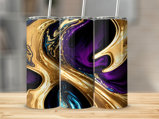 Three tumblers with purple, gold, and blue marbled abstract patterns.
