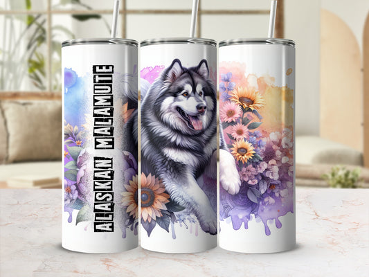 Alaskan Malamute tumbler with floral watercolor accents.