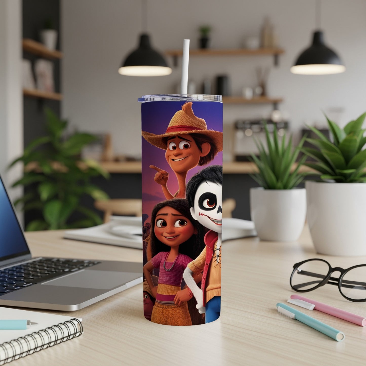 The Book of Life characters Maria, Manolo, and Xibalba on a skinny tumbler.