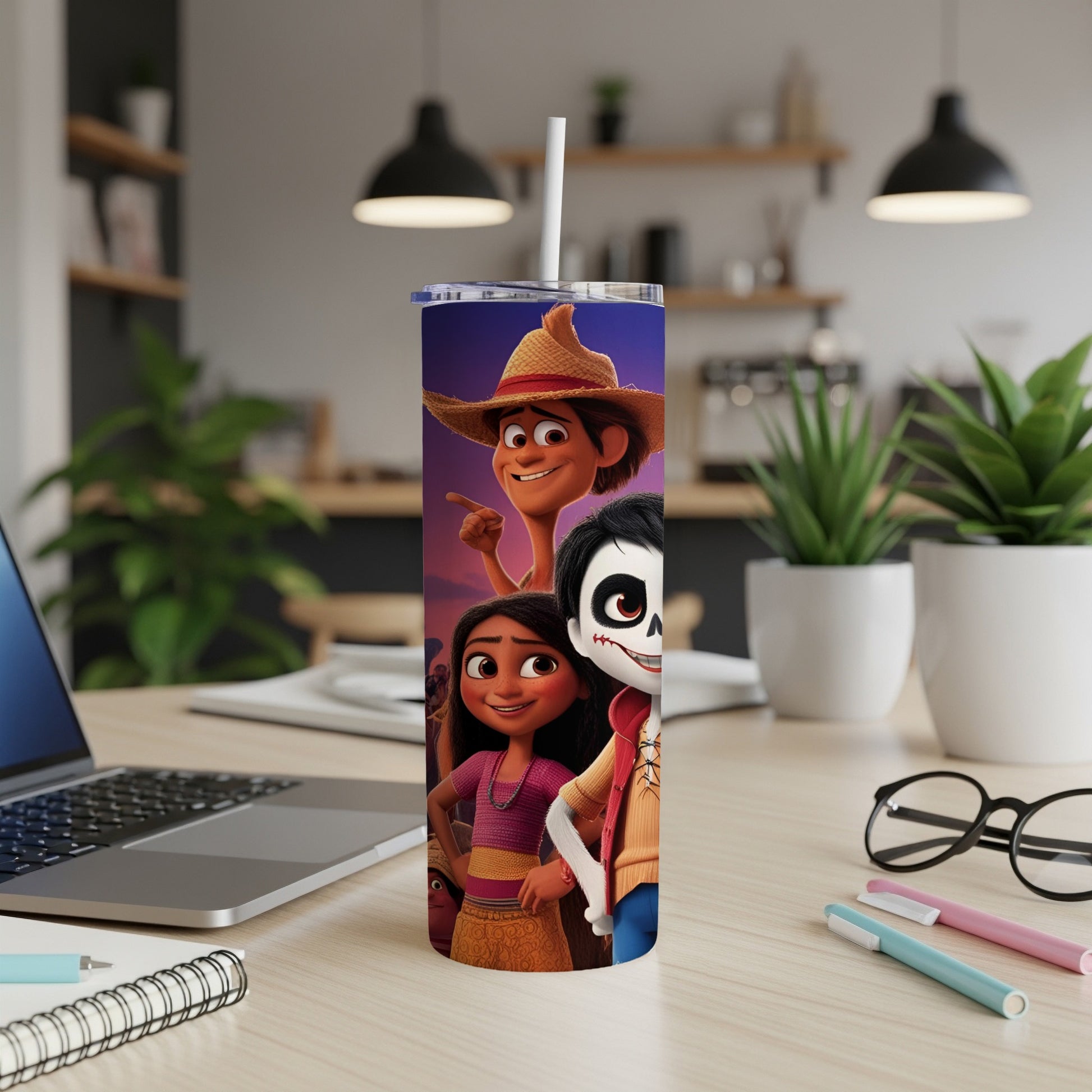 The Book of Life characters Maria, Manolo, and Xibalba on a skinny tumbler.