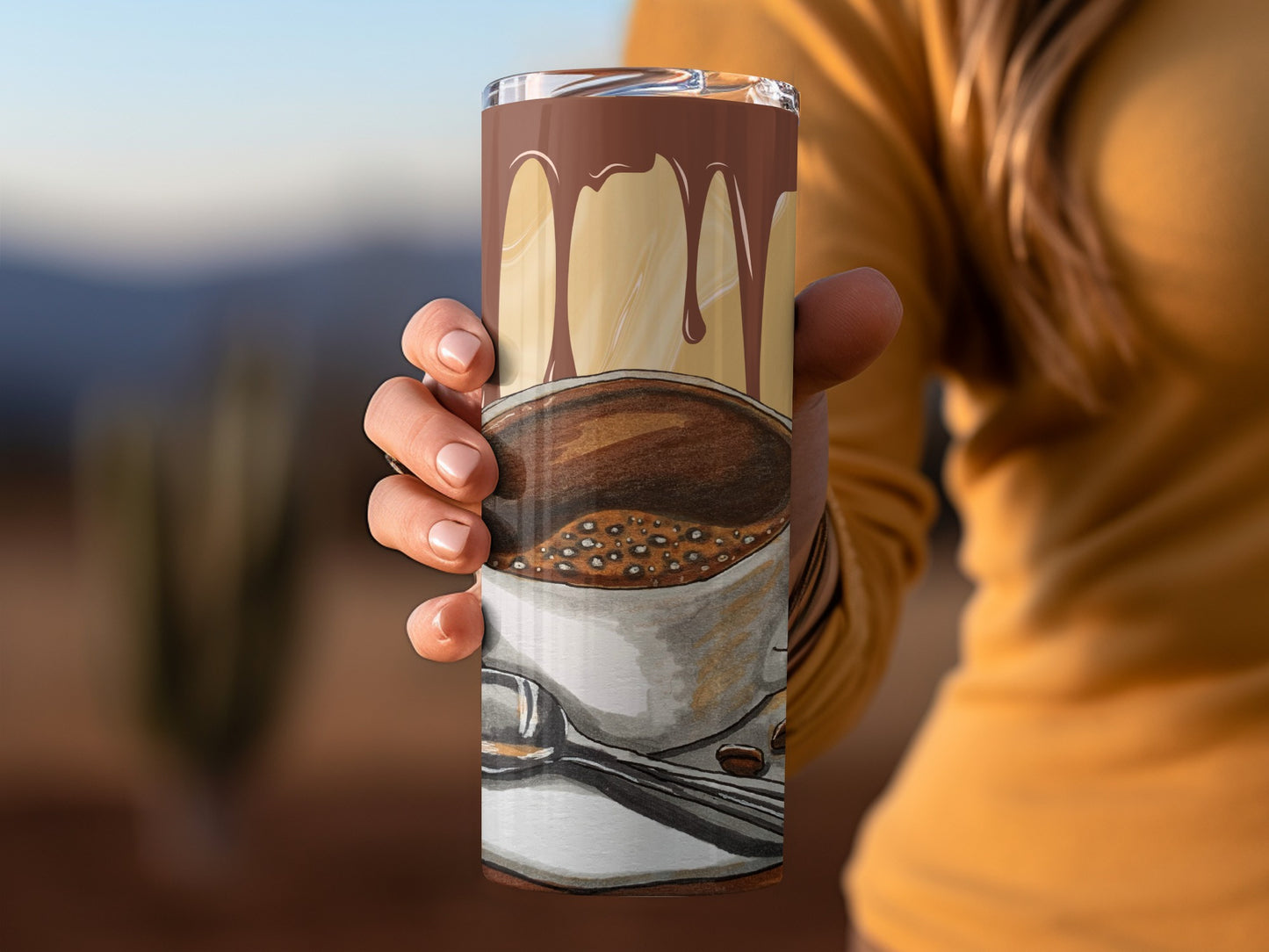 Hand Holding Coffee-Themed Insulated Tumbler