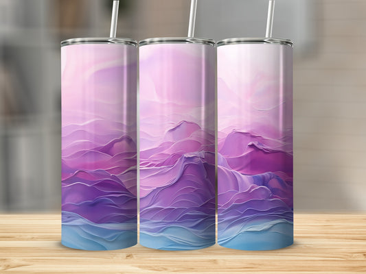 Three tumblers with abstract pink, purple, and blue mountain-like design.