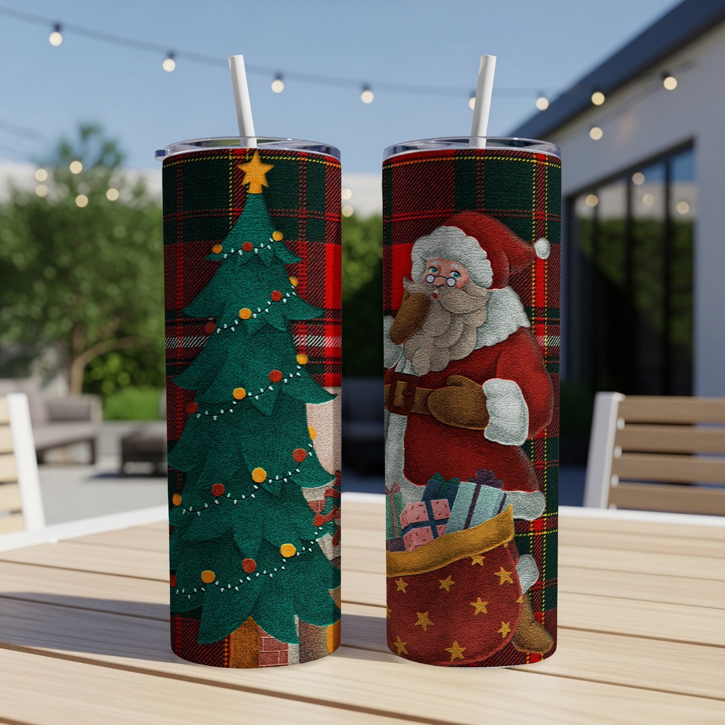 Christmas tree and Santa Claus with gifts on plaid tumblers.