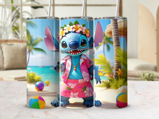 Cute Cartoon Character Themed Tumbler with Tropical Vibes