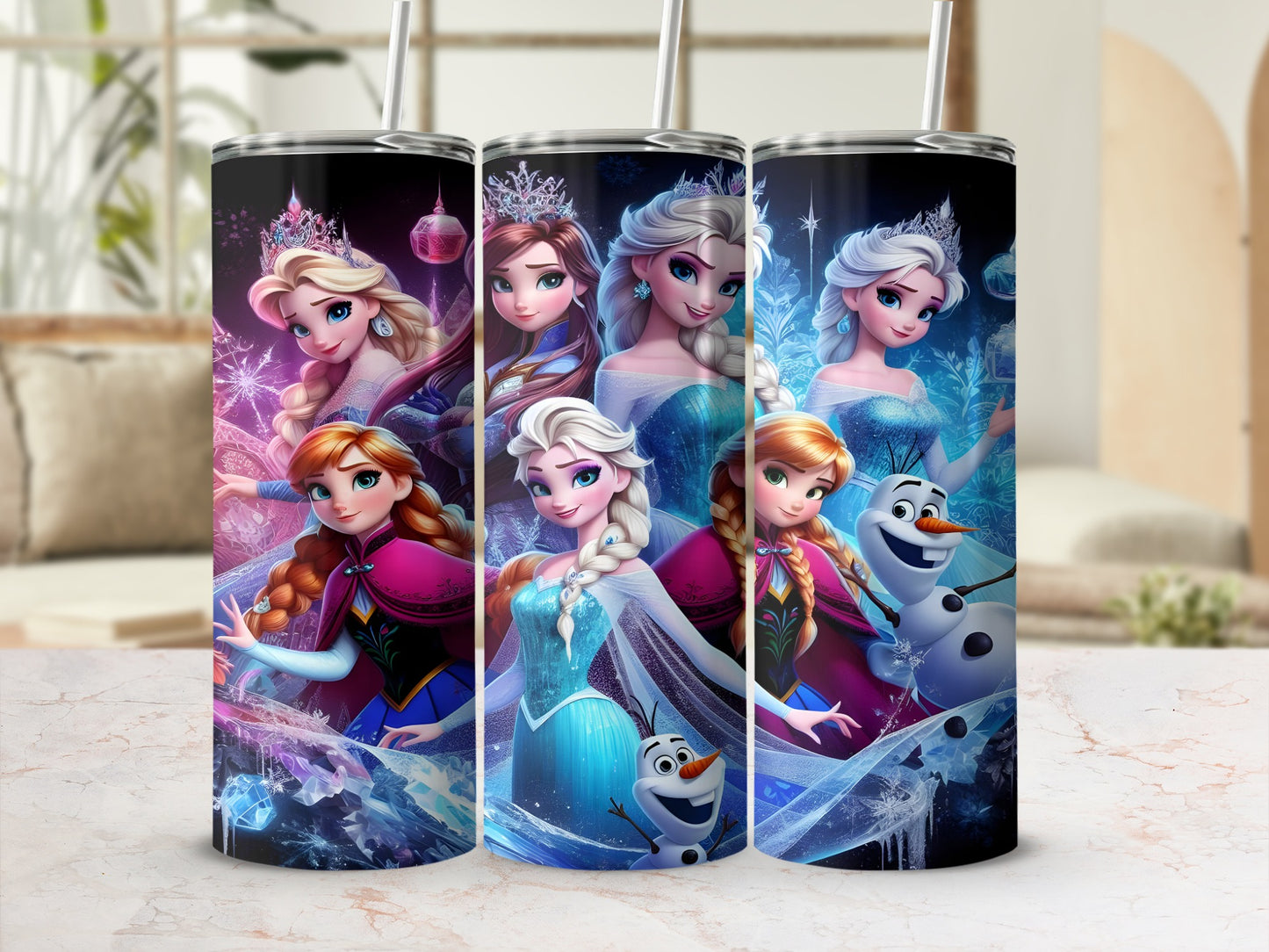 Disney's Frozen characters Elsa, Anna, and Olaf on a blue tumbler.