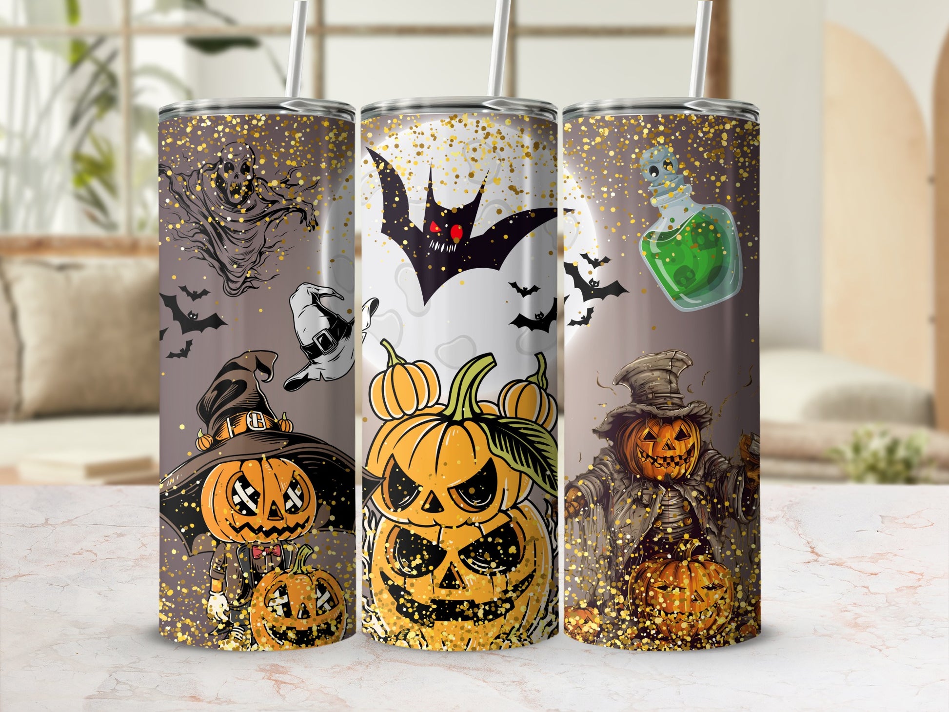 Halloween-themed spooky pumpkins and characters tumbler