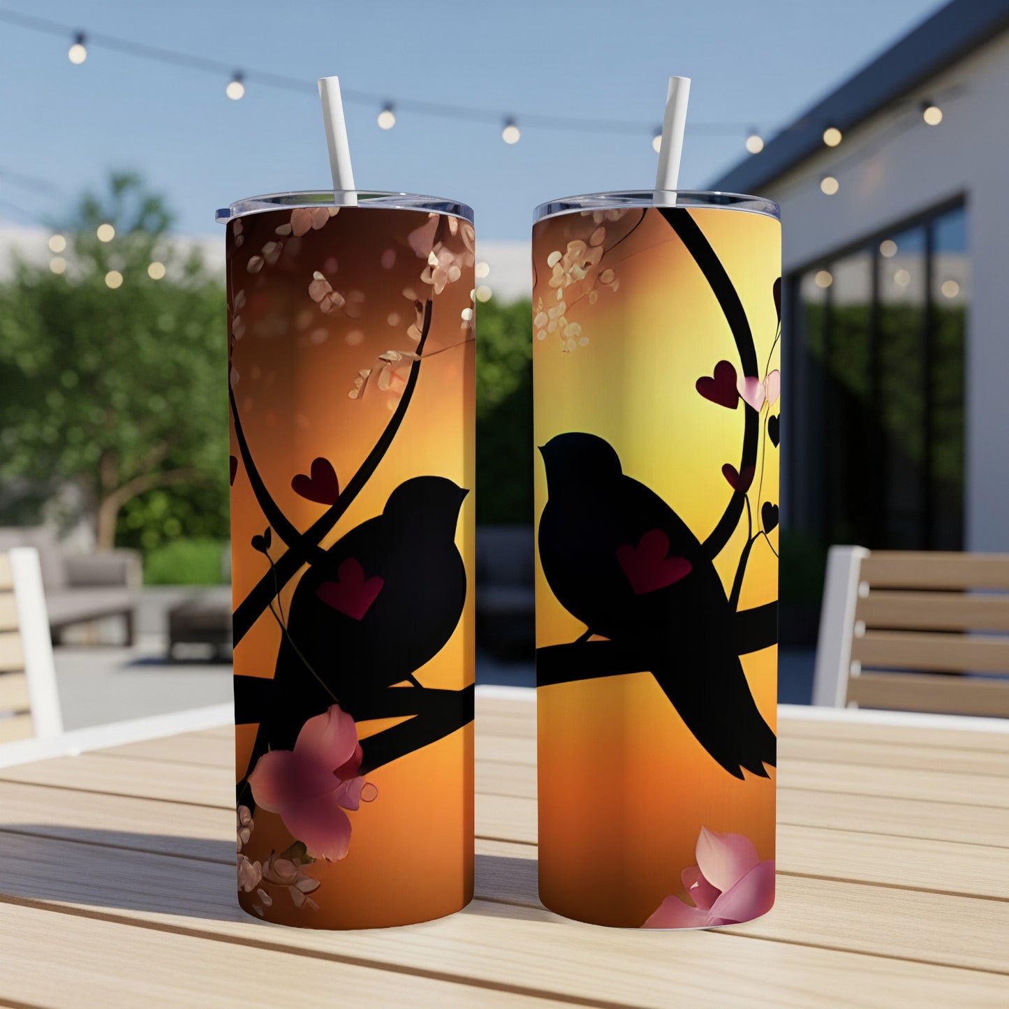 Two tumblers with bird and heart silhouettes on a gradient background.