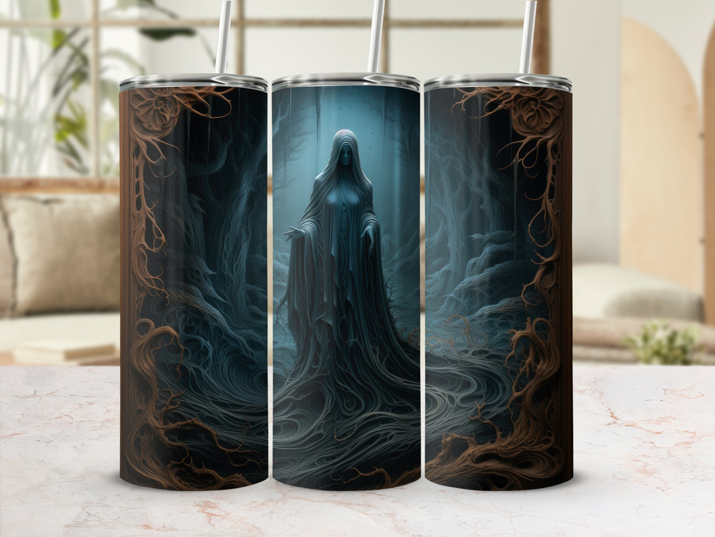 Three tumblers with a dark, surreal forest scene featuring a hooded figure.